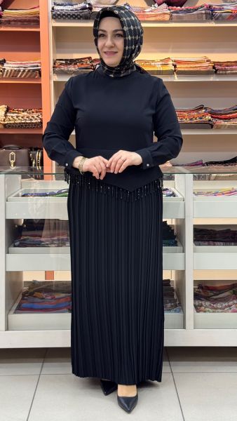 Taş Ve Pile Detaylı Elbise Siyah/5286