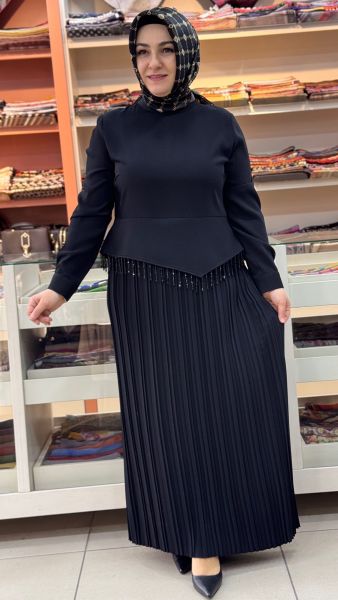 Taş Ve Pile Detaylı Elbise Siyah/5286