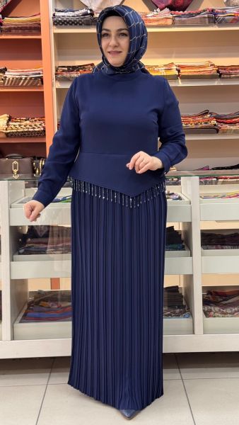 Taş Ve Pile Detaylı Elbise Lacivert/5286