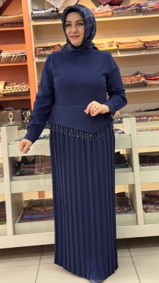 Taş Ve Pile Detaylı Elbise Lacivert/5286 - Thumbnail