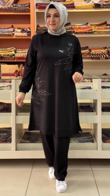  - Taşlı İki İplik Pantolonlu Takım Siyah/4450