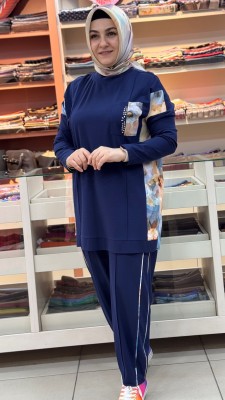 Taşlı Kontrast Cep Detaylı Takım Lacivert/50020 - Thumbnail