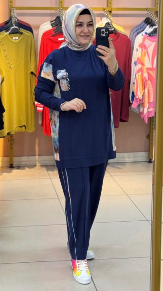 Taşlı Kontrast Cep Detaylı Takım Lacivert/50020