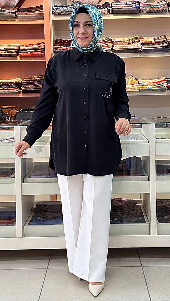 Tek Cebi Taş İşlemeli Tunik Siyah/30310 
