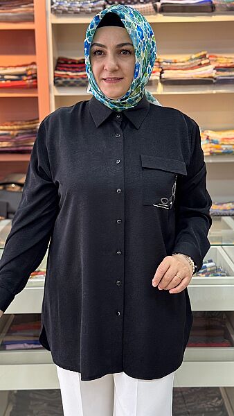 Tek Cebi Taş İşlemeli Tunik Siyah/30310 