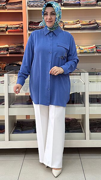 Tek Cebi Taş İşlemeli Tunik Mavi/30310 