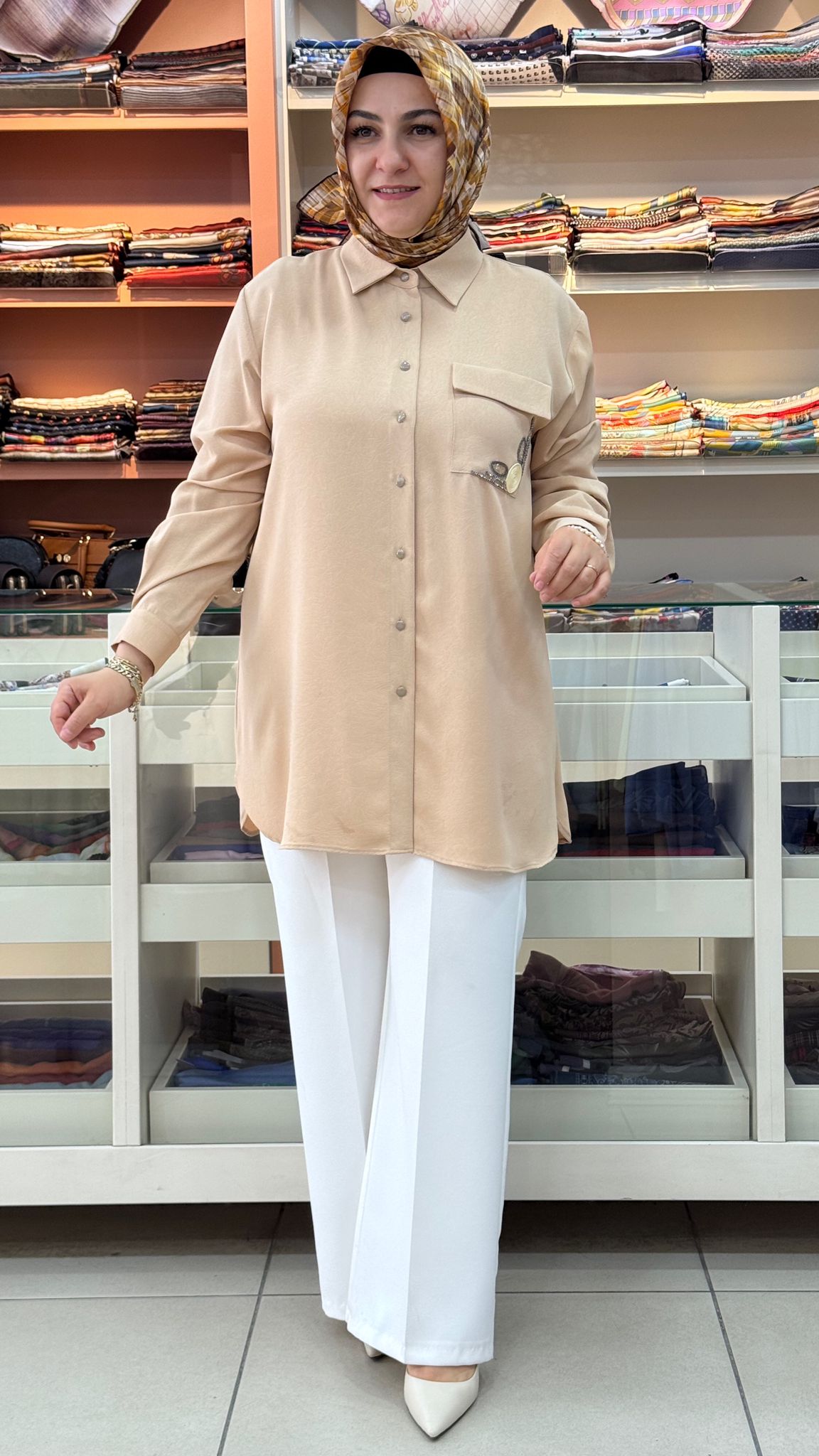 Gaze - Tek Cebi Taş İşlemeli Tunik Camel/30310 