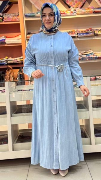 Tensel Beli Lastikli Elbise Açık Mavi/3301