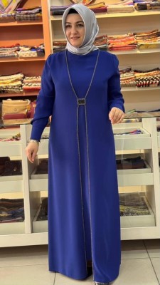 Tokalı Elbise Saks/5016 - Thumbnail