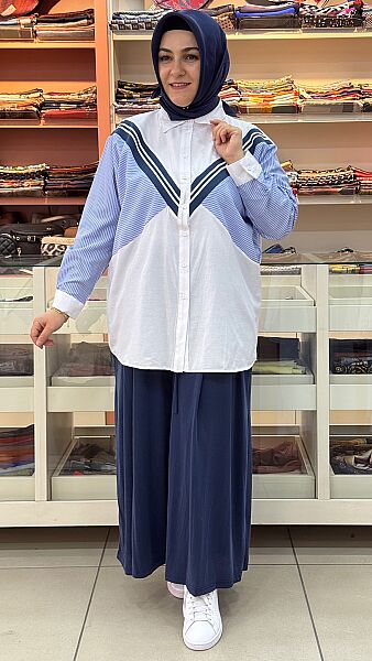 Triko Ve Çizgi Garnili Gömlek Ekru/ 3430