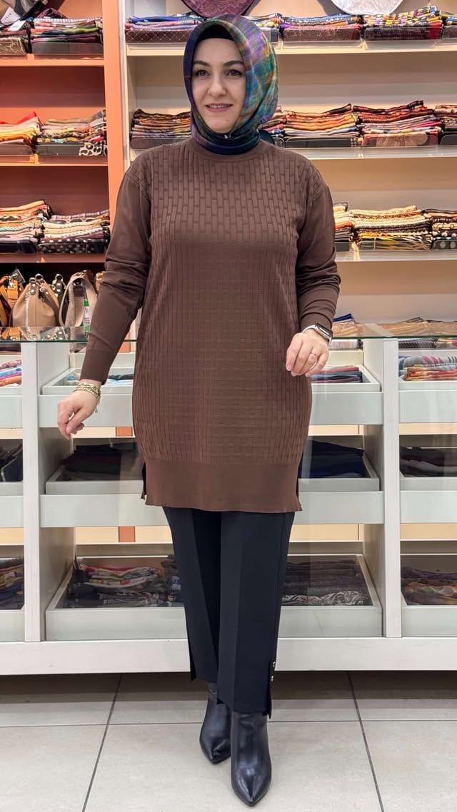 inza moda - Tuğla Desen Triko Tunik Kahve/1875