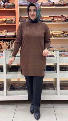 Tuğla Desen Triko Tunik Kahve/1875 - Thumbnail