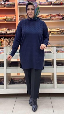inza moda - Tuğla Desen Triko Tunik Lacivert/1875