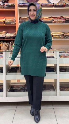 inza moda - Tuğla Desen Triko Tunik Zümrüt/1875