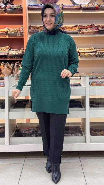 Tuğla Desen Triko Tunik Zümrüt/1875