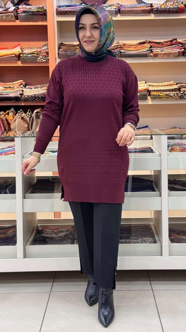 inza moda - Tuğla Desen Triko Tunik Bordo/1875