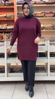 inza moda - Tuğla Desen Triko Tunik Bordo/1875