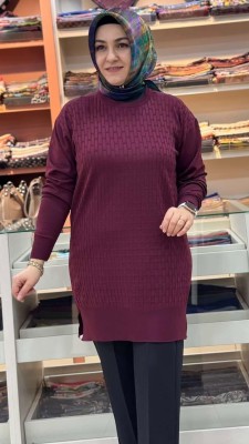 Tuğla Desen Triko Tunik Bordo/1875 - Thumbnail