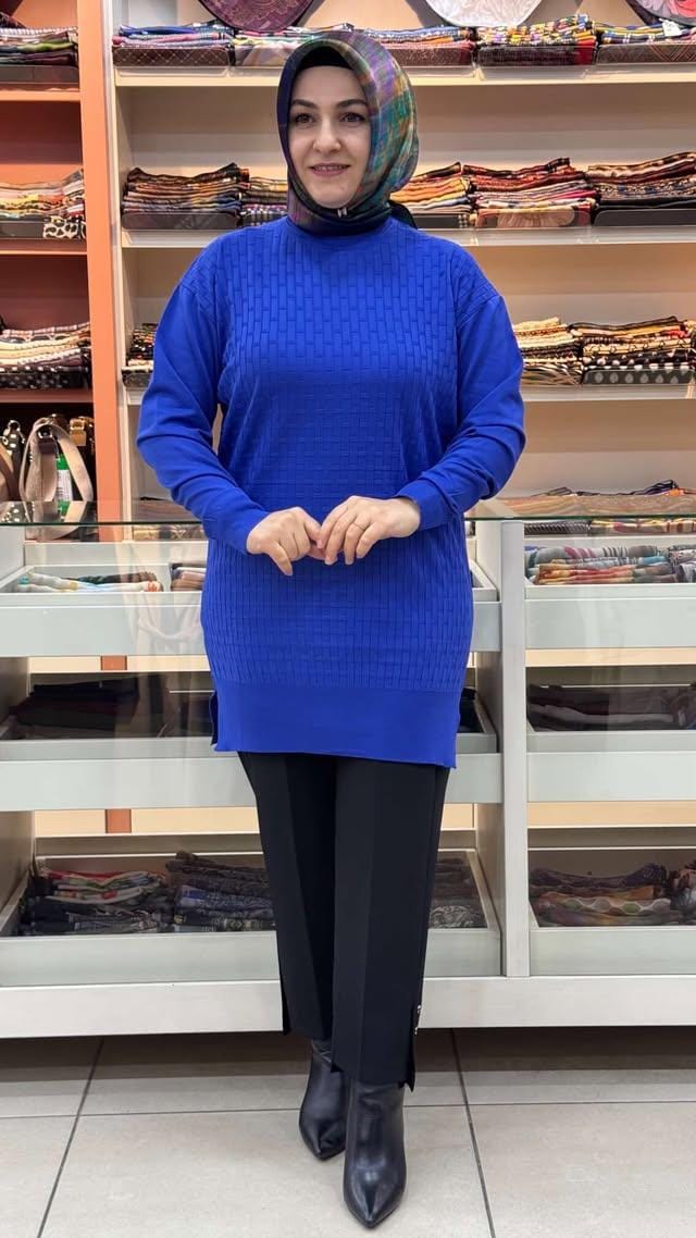 inza moda - Tuğla Desen Triko Tunik Saks/1875