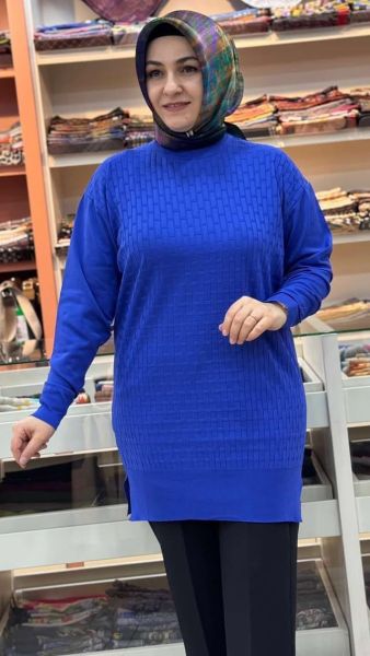 Tuğla Desen Triko Tunik Saks/1875