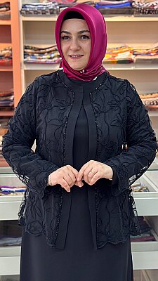 Tül Ceket Detaylı Elbise Siyah/26212 - Thumbnail