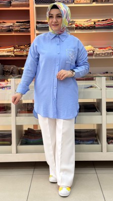 Tül Cepli Nakışlı Gömlek Tunik Bebe Mavi/1879 - Thumbnail