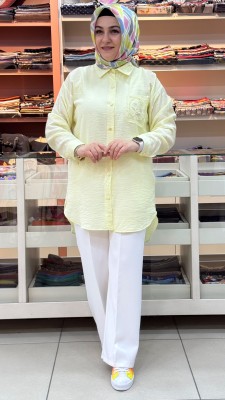 İnza Moda - Tül Cepli Nakışlı Gömlek Tunik Sarı/1879