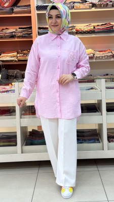 İnza Moda - Tül Cepli Nakışlı Gömlek Tunik Pembe/1879