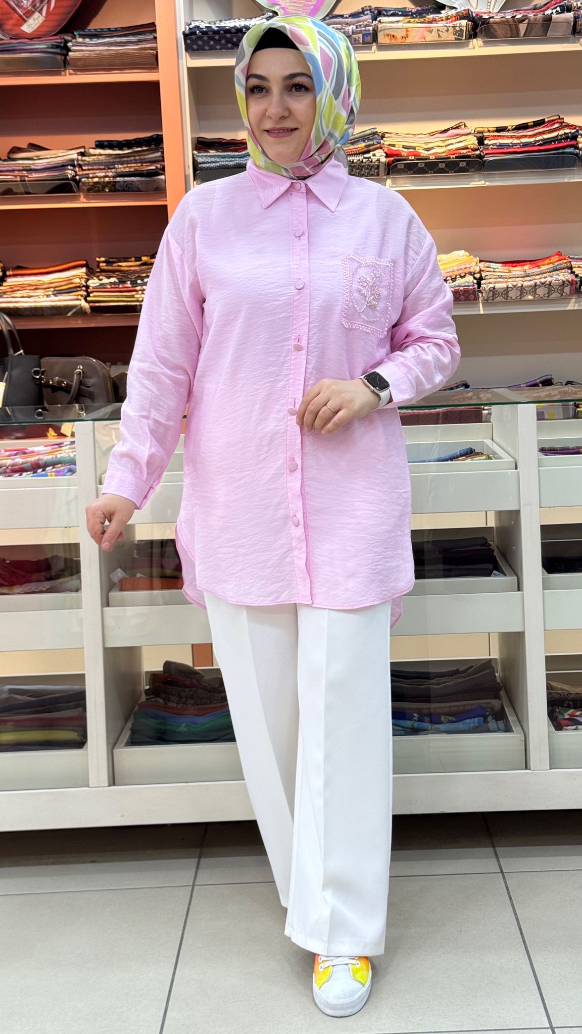 İnza Moda - Tül Cepli Nakışlı Gömlek Tunik Pembe/1879