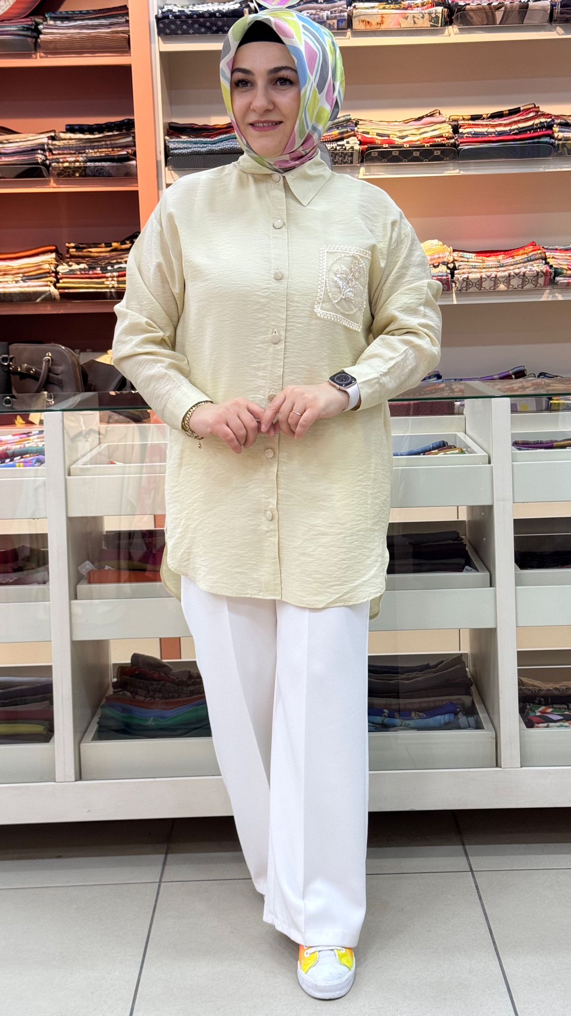 İnza Moda - Tül Cepli Nakışlı Gömlek Tunik Taş/1879