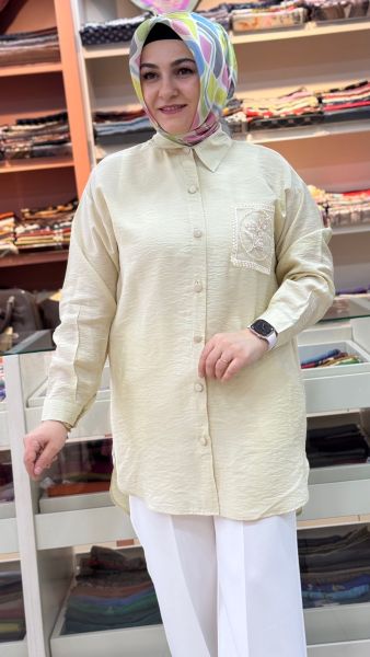 Tül Cepli Nakışlı Gömlek Tunik Taş/1879