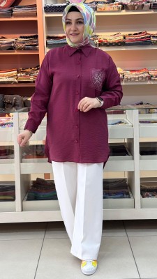 Tül Cepli Nakışlı Gömlek Tunik Bordo/1879 - Thumbnail