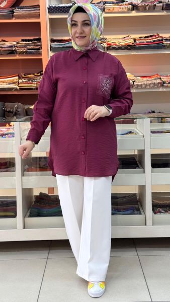 Tül Cepli Nakışlı Gömlek Tunik Bordo/1879