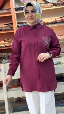 Tül Cepli Nakışlı Gömlek Tunik Bordo/1879 - Thumbnail