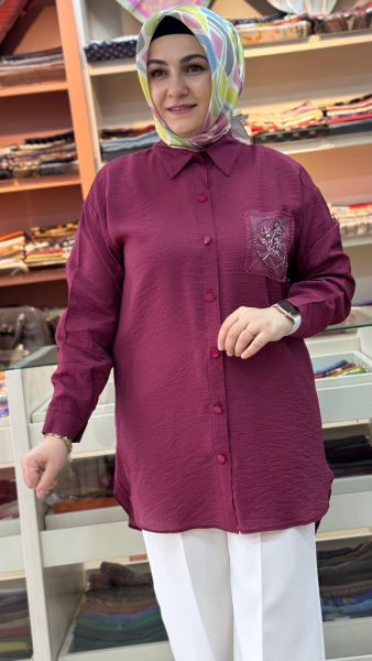 Tül Cepli Nakışlı Gömlek Tunik Bordo/1879