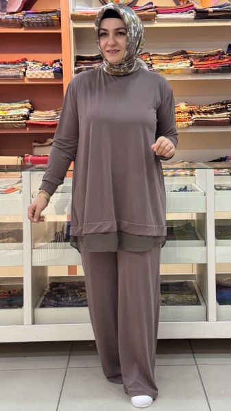 Tuniği Tül Detaylı Takım Açık Kahve/14352