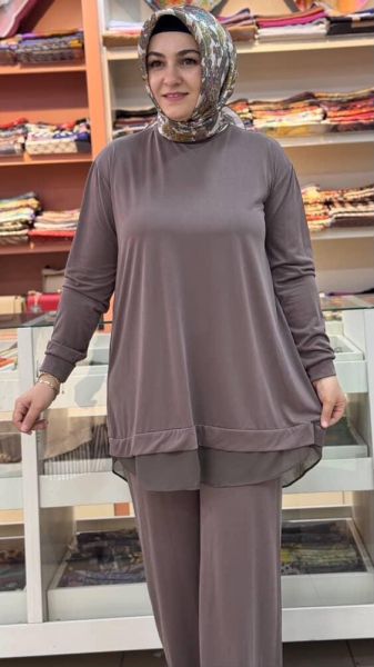 Tuniği Tül Detaylı Takım Açık Kahve/14352