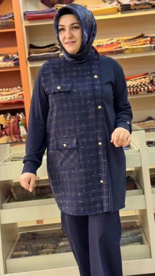 Tüvit Kumaş Detaylı Tunik Lacivert/4151 - Thumbnail
