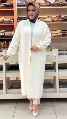 inza moda - Angora Kumaş Uzun Hırka Ekru/4953