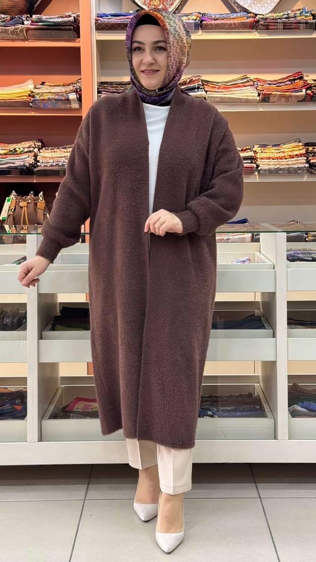 inza moda - Angora Kumaş Uzun Hırka Acı Kahve/4953