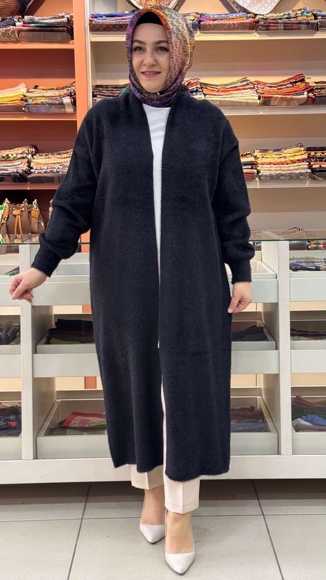 inza moda - Angora Kumaş Uzun Hırka Siyah/4953