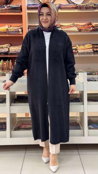 Angora Kumaş Uzun Hırka Siyah/4953