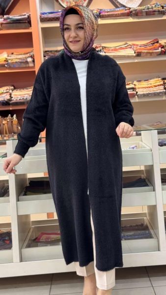 Angora Kumaş Uzun Hırka Siyah/4953