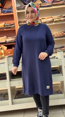 V Desen Uzun Tunik Lacivert/257212 - Thumbnail