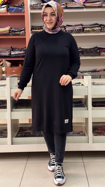 V Desen Uzun Tunik Siyah/257212