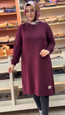 V Desen Uzun Tunik Bordo/257212 - Thumbnail