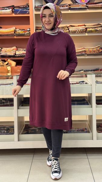 V Desen Uzun Tunik Bordo/257212