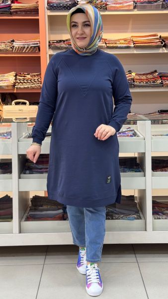 V Desen Uzun Tunik Mavi/257212