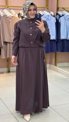 V Dikiş Detaylı Ceketli Elbise Kahve/3005 - Thumbnail