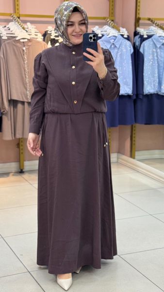 V Dikiş Detaylı Ceketli Elbise Kahve/3005